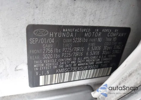 2005 Hyundai Santa Fe Gls/Lx из США, поврежденный, VIN KM8SC73EX5UB70026